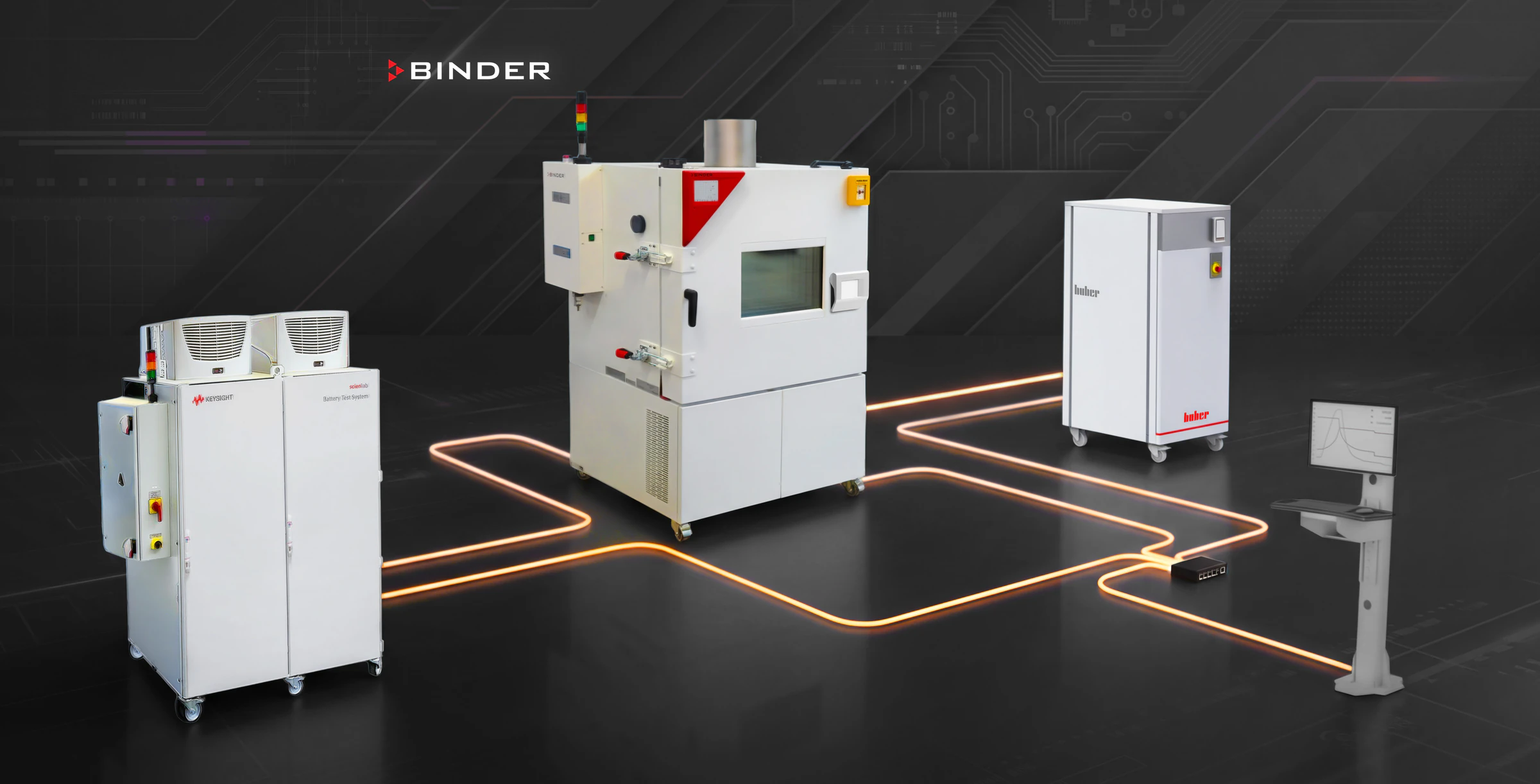 Turnkey battery test system: cycler, BINDER thermal chamber with cell fixture, chiller and battery management software